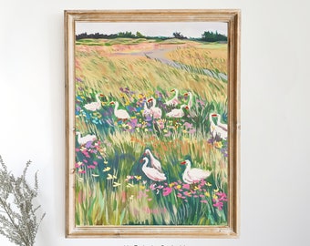 Vintage Mother Duck Print, Nursery Art, Abstract Vintage Painting, Cottagecore Decor, Meadow Painting, Farmhouse decor, Farmhouse wall decor