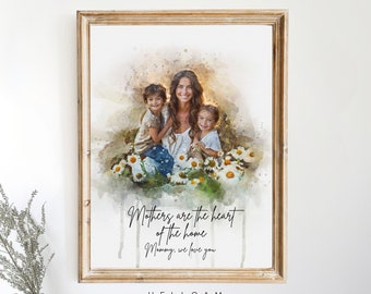 Mothers Day Gift Personalised Watercolour Portrait, Mom Gift, Family Portrait, Portrait from Photo for Her, First Mothers Day