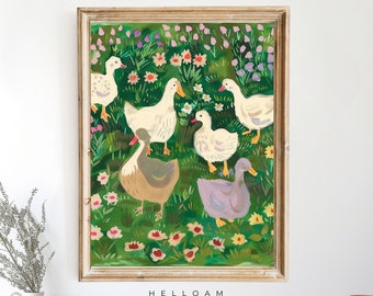 Nursery Art, Abstract Vintage Painting, Vintage Mother Duck Print, Cottagecore Decor, Meadow Painting, Farmhouse decor, Farmhouse wall decor