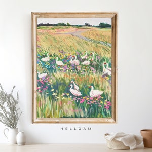 Vintage Mother Duck Print, Nursery Art, Abstract Vintage Painting, Cottagecore Decor, Meadow Painting, Farmhouse decor, Farmhouse wall decor