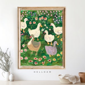 Nursery Art, Abstract Vintage Painting, Vintage Mother Duck Print, Cottagecore Decor, Meadow Painting, Farmhouse decor, Farmhouse wall decor