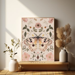 Moths and poppy flowers, botanical illustrations, magic art print, boho Aesthetic, poppy art print, Cottagecore Nature print, moths ALL