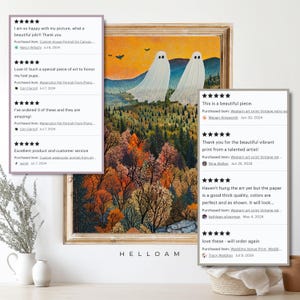 May include: A digital illustration of two white ghosts flying over a colorful autumn forest with a bright orange sky. The text "HELLOAM" is at the bottom of the image. The image is surrounded by customer reviews with five stars.