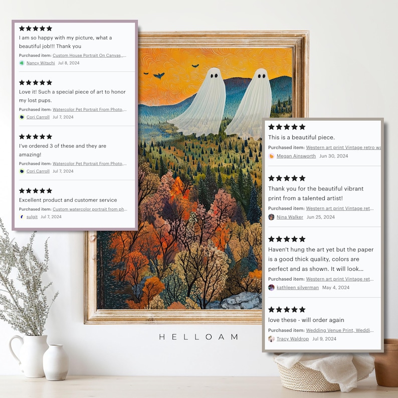 May include: A digital illustration of two white ghosts flying over a colorful autumn forest with a bright orange sky. The text "HELLOAM" is at the bottom of the image. The image is surrounded by customer reviews with five stars.
