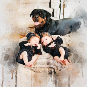 May include: Two babies wearing brown and black knit hats are lying on a blanket with a black and brown Rottweiler dog standing behind them. The babies are wearing black and brown outfits and the dog is looking at the camera.
