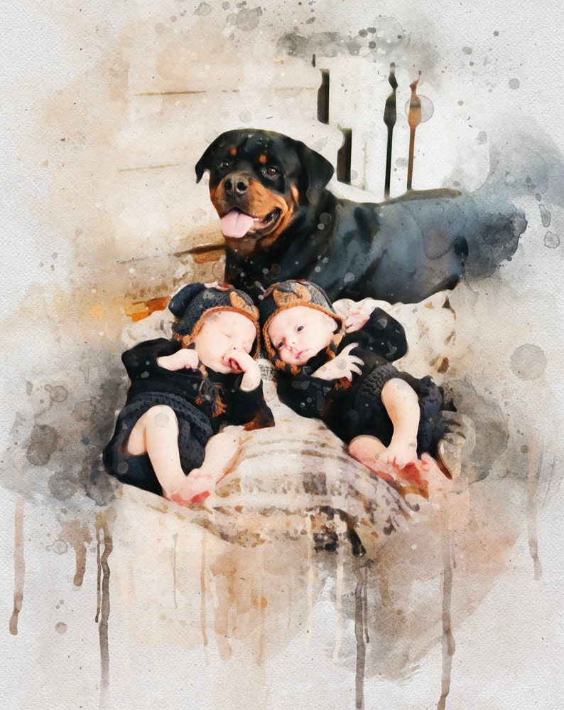 May include: Two babies wearing brown and black knit hats are lying on a blanket with a black and brown Rottweiler dog standing behind them. The babies are wearing black and brown outfits and the dog is looking at the camera.