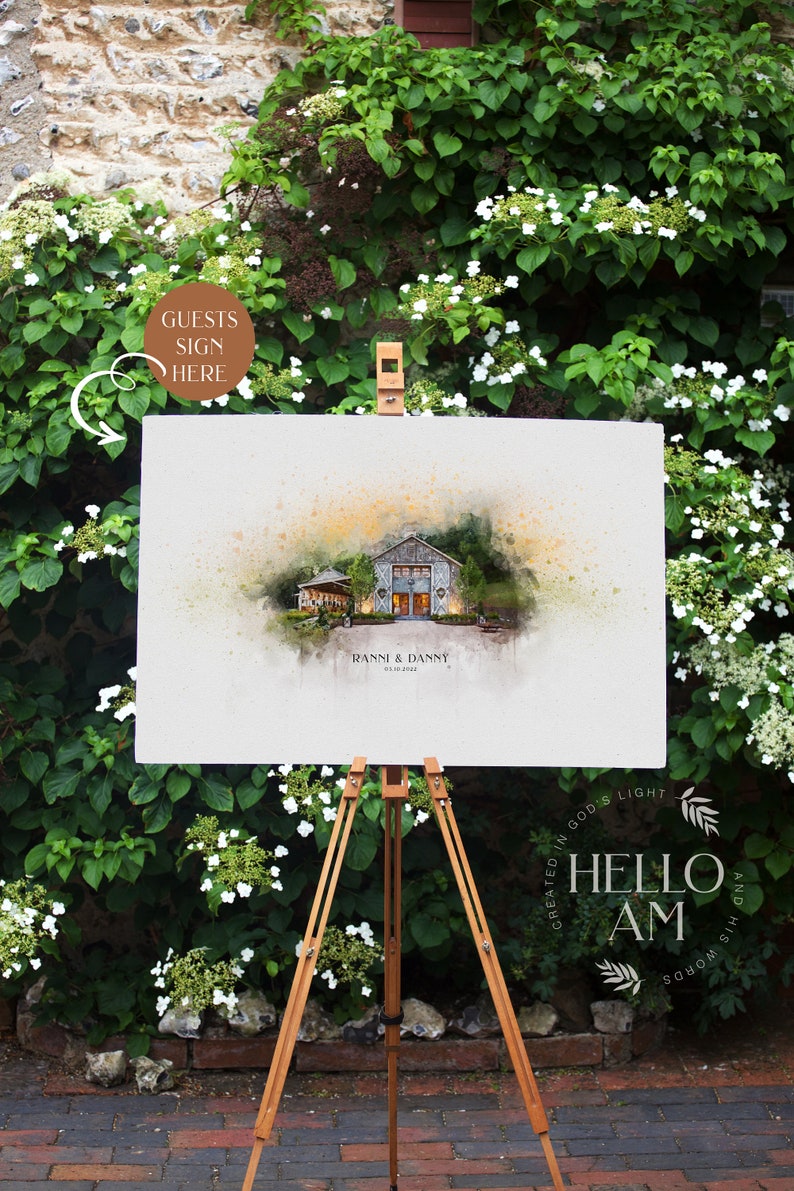 May include: A watercolor painting of a rustic barn with the text "Ranni & Danny" and the date "01.01.2022" below. The painting is on an easel with a sign that says "Guests Sign Here" in a circle.