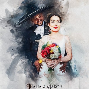May include: A watercolor painting of a wedding couple. The groom is wearing a traditional Mexican charro suit with a large sombrero. The bride is wearing a white wedding dress and holding a bouquet of flowers. The text "THALIA & AARON 03/24/17" is written below the couple.