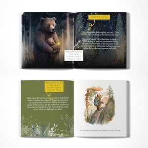 May include: A children's book illustration featuring a brown bear hugging a smaller bear cub. The text reads "Personalized the way your child calls you". The illustration is set against a dark forest background with stars in the sky.