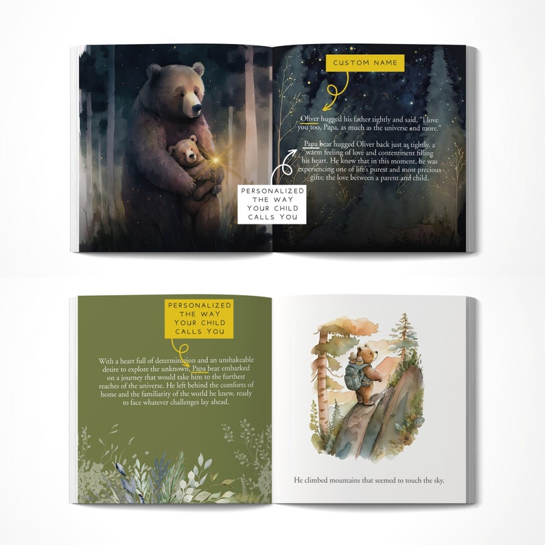 May include: A children's book illustration featuring a brown bear hugging a smaller bear cub. The text reads "Personalized the way your child calls you". The illustration is set against a dark forest background with stars in the sky.
