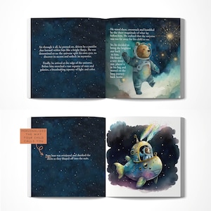 May include: A children's book illustration featuring a bear astronaut in a blue spacesuit, holding a star. The bear is standing on a cloud in a dark blue sky with white stars. The text reads: "He stood there, awestruck and humbled by the sheer magnitude of what lay before him. He realized that the universe was too far away for his child to see."