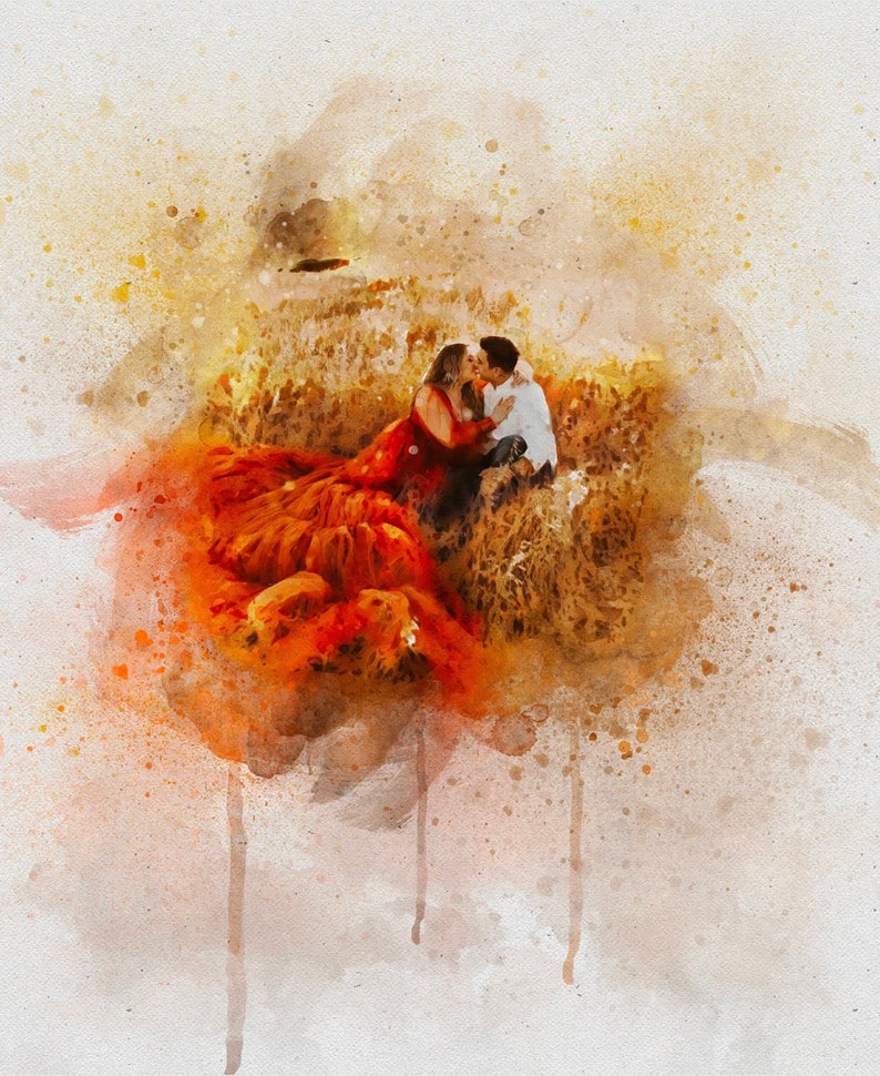 May include: A watercolor painting of a couple kissing in a field of hay. The woman is wearing a red dress and the man is wearing a white shirt. The painting is done in a soft, romantic style.