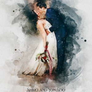 May include: A watercolor painting of a couple kissing. The bride is wearing a white dress and the groom is wearing a blue suit. The painting is set against a white background with splashes of blue and gray watercolor.