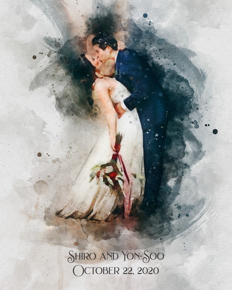 May include: A watercolor painting of a couple kissing. The bride is wearing a white dress and the groom is wearing a blue suit. The painting is set against a white background with splashes of blue and gray watercolor.