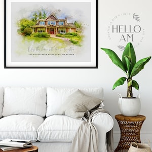 May include: A watercolor painting of a house with a green lawn and a red door. The text "Bless this home with love & laughter" and "233 Hollow Road Helon Town, NY 463789" is below the house.