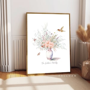 Ramo familiar de flores de nacimiento Impresión digital personalizada Regalo personalizado Día de la Madre Arte antiguo para el hogar Regalo para la abuela Retrato familiar floral