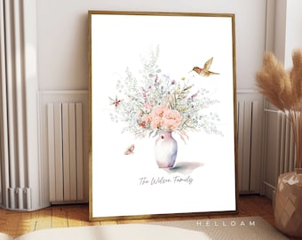 Birth Flower Family Bouquet Custom Digital Print Personalized Gift Mother's Day Antique Home art Grandmother gift Floral Family portrait