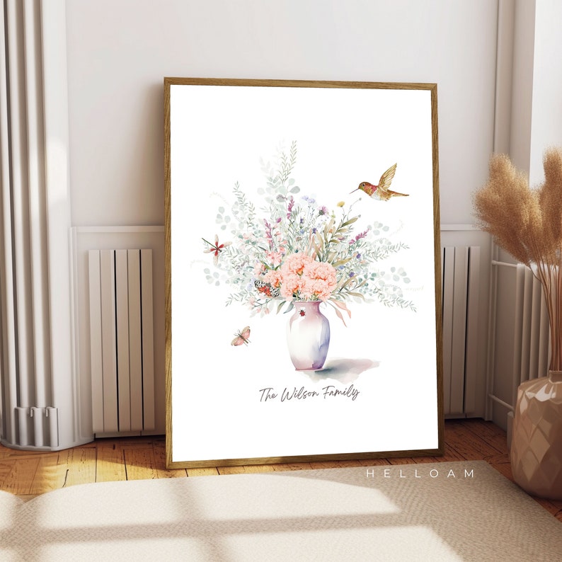 Birth Flower Family Bouquet, Personalised Watercolour Birth Flower Print, Wall Art, Birthday Gift, Minimalist Home Decor, Personalised gift image 2