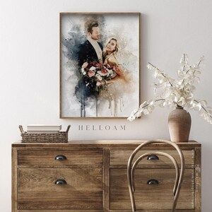 May include: A watercolor painting of a couple in wedding attire. The couple is standing close together, the woman is holding a bouquet of flowers. The painting has a soft, romantic feel.