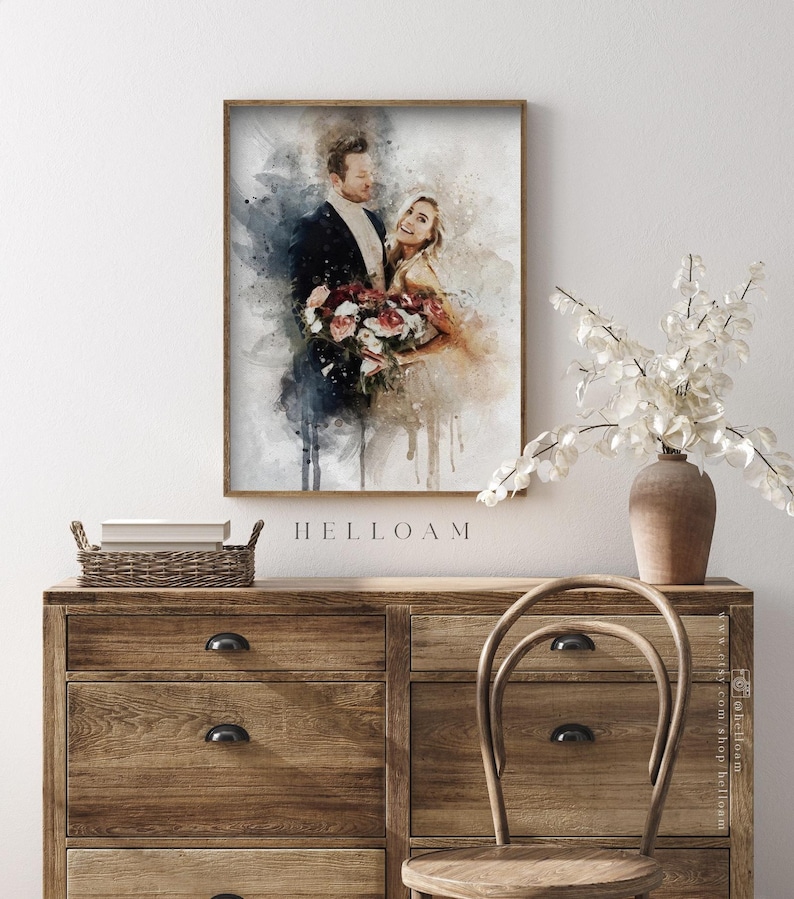 May include: A watercolor painting of a couple in wedding attire. The couple is standing close together, the woman is holding a bouquet of flowers. The painting has a soft, romantic feel.