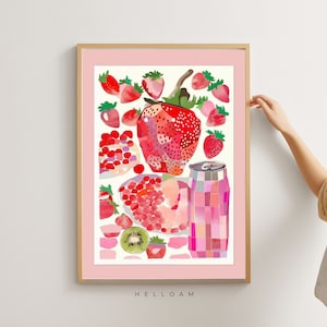 Trendy wall art, trendy wall prints, pink wall art, Retro strawberry art, Preppy poster, College Apartment Decor, coquette room decor