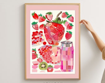 Trendy wall art, trendy wall prints, pink wall art, Retro strawberry art, Preppy poster, College Apartment Decor, coquette room decor