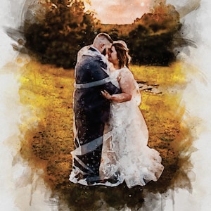 May include: A watercolor painting of a couple embracing in a field. The bride is wearing a white wedding dress and the groom is wearing a dark suit. The couple is surrounded by a golden glow, and the background is a blurred image of trees and a sunset.