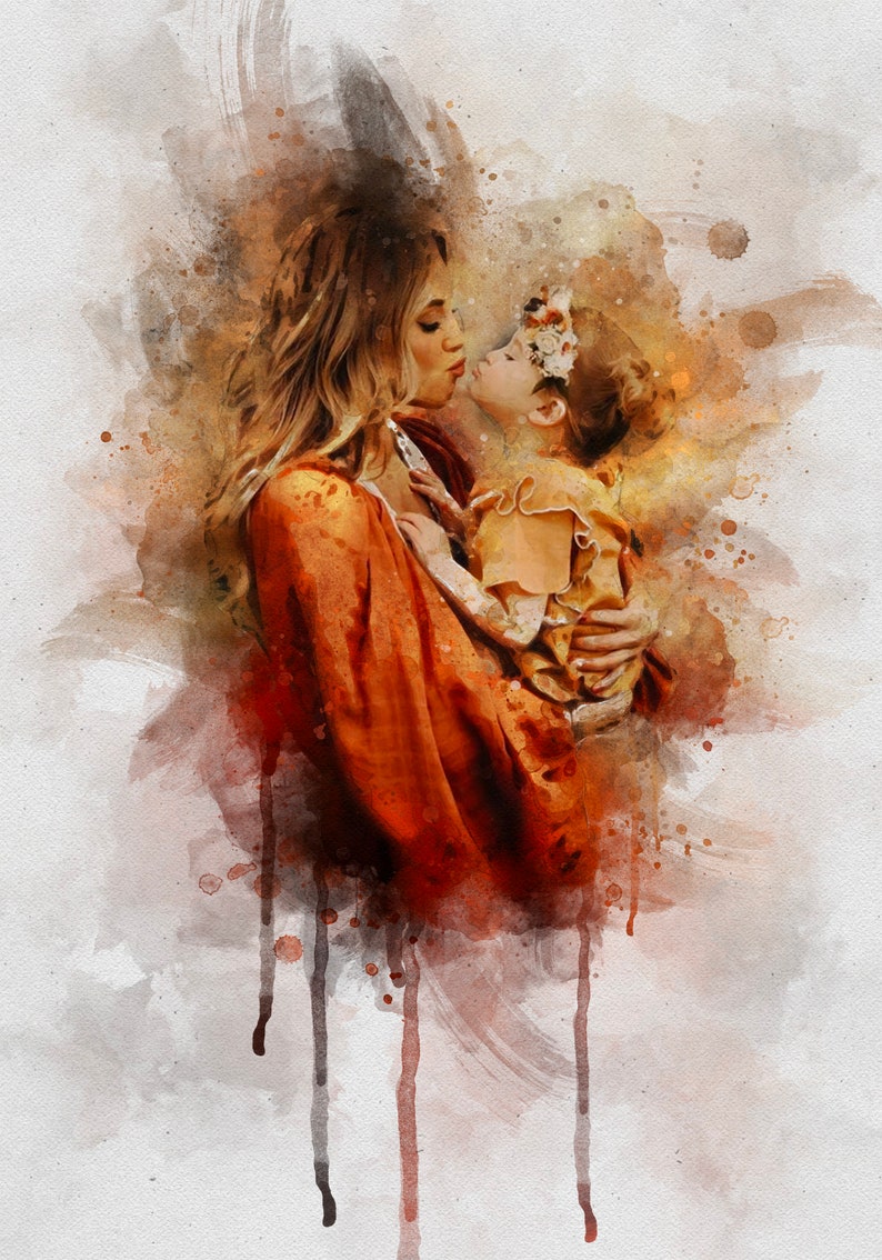 May include: A watercolor painting of a mother and daughter embracing. The mother is wearing a long, flowing orange dress and the daughter is wearing a yellow dress with a floral headband. The painting is set against a white background with splashes of orange and brown watercolor.