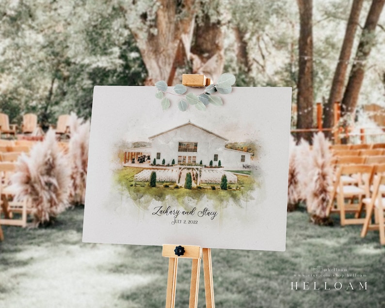 Op de afbeelding: Een aquarel-illustratie van een wit gebouw met een bord waarop staat "Zachary en Stacy 2 juli 2022". De illustratie is op een wit posterbord op een ezel.