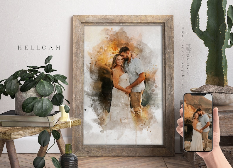 Watercolor Couple Portrait from Photo,,Custom Wedding Anniversary Gift for Wife Husband Parents, Engagement Gift for Friend, Unique Wall Art image 1