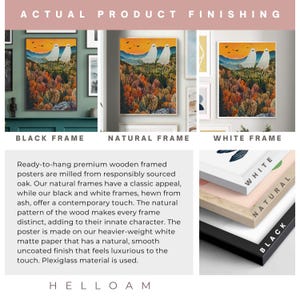 May include: Three framed posters with a nature scene and two ghosts. The frames are black, natural wood, and white. The text "ACTUAL PRODUCT FINISHING" is at the top of the image. The text "BLACK FRAME", "NATURAL FRAME", and "WHITE FRAME" are below the posters. The text "Ready-to-hang premium wooden framed posters are milled from responsibly sourced oak. Our natural frames have a classic appeal, while our black and white frames, hewn from ash, offer a contemporary touch. The natural pattern of the wood makes every frame distinct, adding to their innate character. The poster is made on our heavier-weight white matte paper that has a natural, smooth uncoated finish that feels luxurious to the touch. Plexiglass material is used." is below the frames. The text "HELLOAM" is at the bottom of the image.