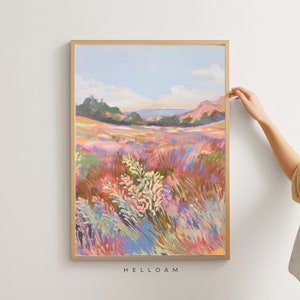 May include: A colorful abstract painting of a field of wildflowers with a distant landscape in the background. The painting is done in shades of pink, purple, blue, green, and yellow.