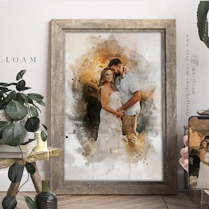 May include: A watercolor painting of a couple, a man and a woman, standing together. The woman is wearing a white dress and the man is wearing a blue shirt and khaki pants. The painting has a soft, romantic feel.