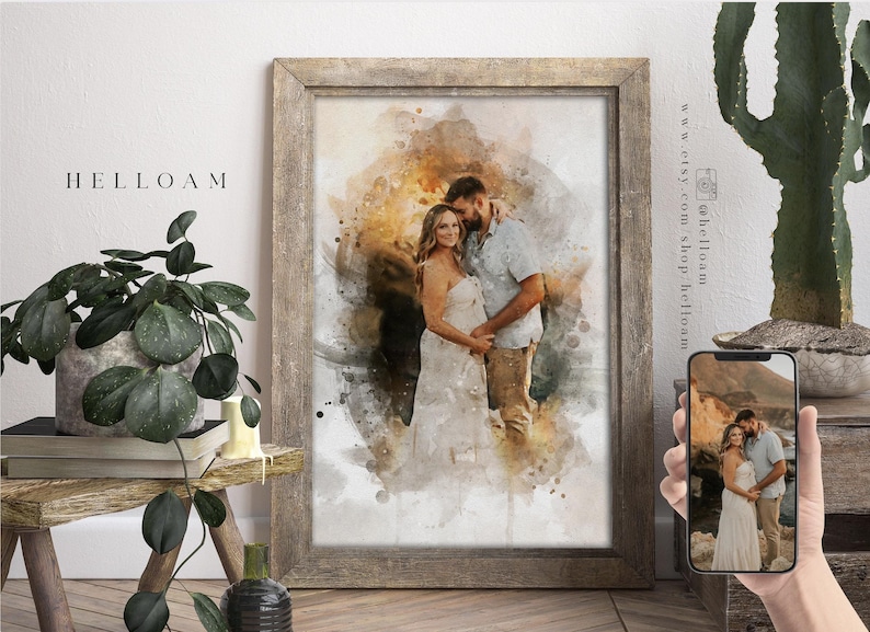 May include: A watercolor painting of a couple, a man and a woman, standing together. The woman is wearing a white dress and the man is wearing a blue shirt and khaki pants. The painting has a soft, romantic feel.