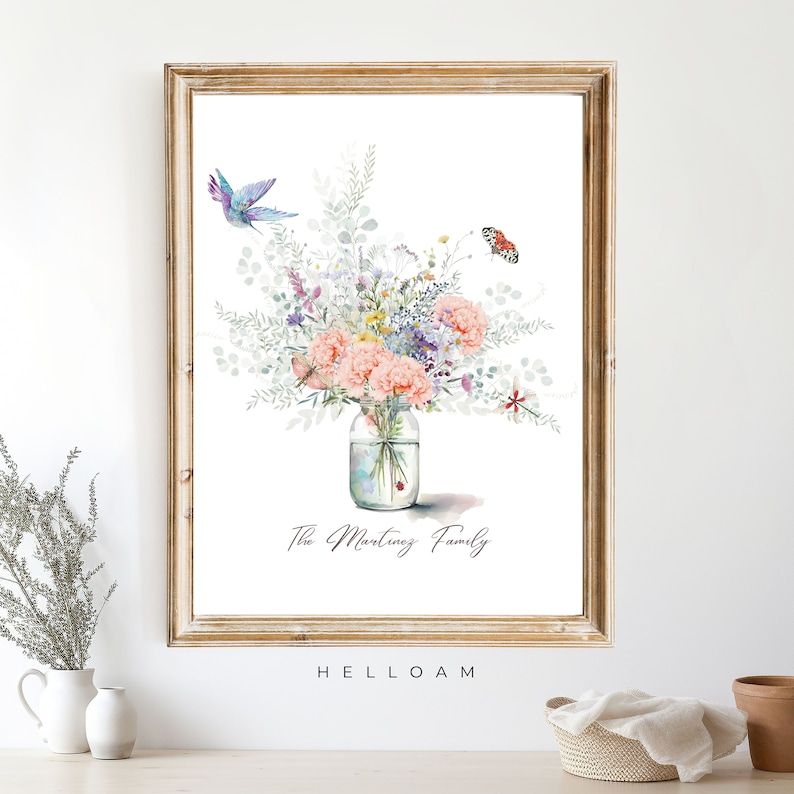 Birth Flower Family Bouquet, Personalised Watercolour Birth Flower Print, Wall Art, Birthday Gift, Minimalist Home Decor, Personalised gift image 5