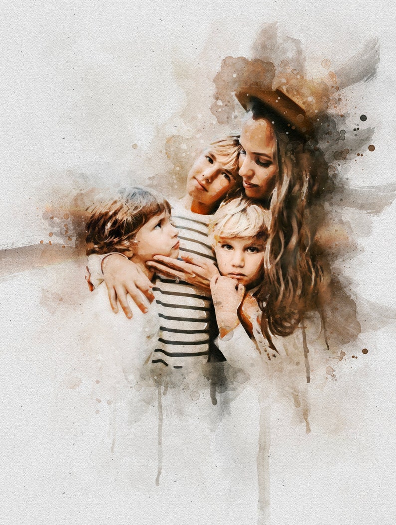 May include: A watercolor painting of a mother and her three children. The mother is wearing a brown hat and has long brown hair. The children are all wearing casual clothing. The painting is done in a soft, muted palette.