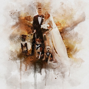 May include: A watercolor painting of a wedding couple with their three dogs. The couple is standing in a forest setting with a blurred background. The bride is wearing a white wedding dress and the groom is wearing a black suit. The dogs are wearing bow ties and are sitting in front of the couple.