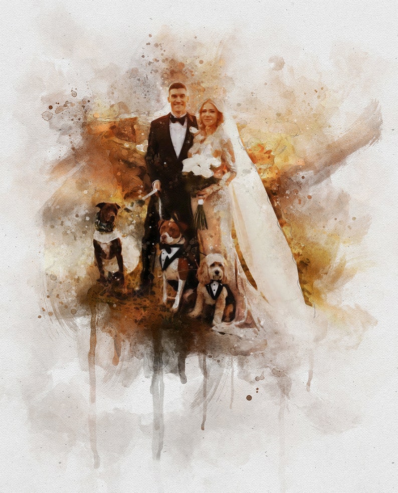May include: A watercolor painting of a wedding couple with their three dogs. The couple is standing in a forest setting with a blurred background. The bride is wearing a white wedding dress and the groom is wearing a black suit. The dogs are wearing bow ties and are sitting in front of the couple.