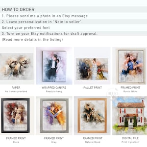 May include: A collage of different print options for custom pet portraits. The options include paper, wrapped canvas, pallet print, framed print in black, grey, and natural wood, and a digital file. The images show a couple with their dog, a family with their dog, and a house.