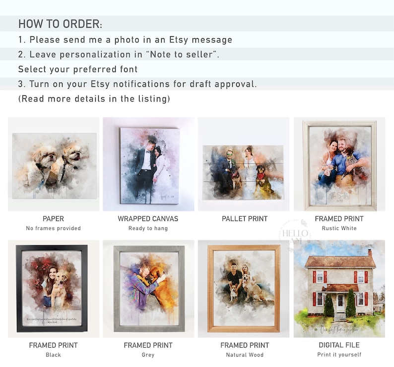 May include: A collage of different print options for custom pet portraits. The options include paper, wrapped canvas, pallet print, framed print in black, grey, and natural wood, and a digital file. The images show a couple with their dog, a family with their dog, and a house.