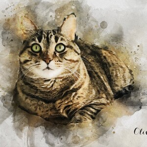 May include: A watercolor painting of a tabby cat with green eyes. The cat is looking directly at the viewer. The background is a soft, muted gray with brown and white watercolor splatters. The cat's name, "Olive", is written in cursive in the lower right corner of the image.