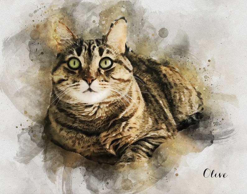 May include: A watercolor painting of a tabby cat with green eyes. The cat is looking directly at the viewer. The background is a soft, muted gray with brown and white watercolor splatters. The cat's name, "Olive", is written in cursive in the lower right corner of the image.