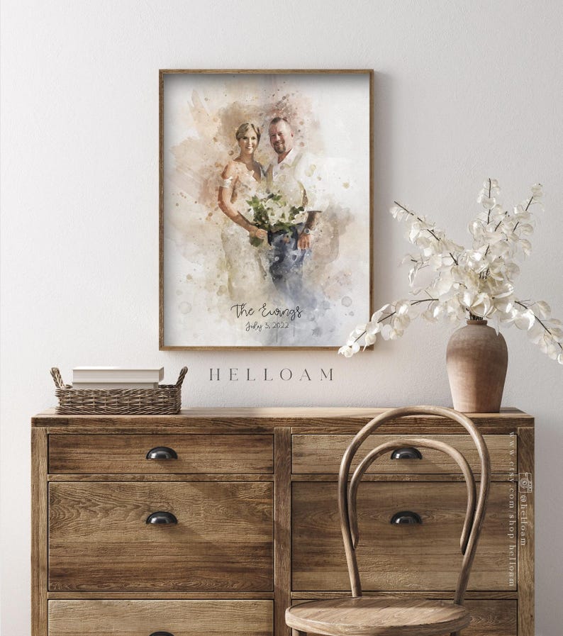 May include: A watercolor painting of a couple on their wedding day. The painting is in shades of brown, beige, and blue. The couple is standing in front of a white background. The text "The Ewong's July 3, 2022" is written below the couple.