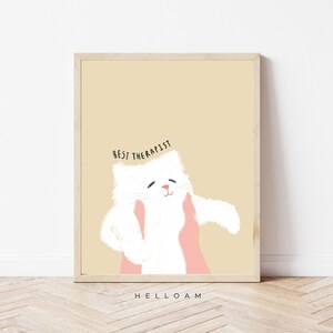 May include: A beige background with a white cat with pink hands on either side of its face. The text "BEST THERAPIST" is above the cat. The text "HELLOAM" is below the cat.