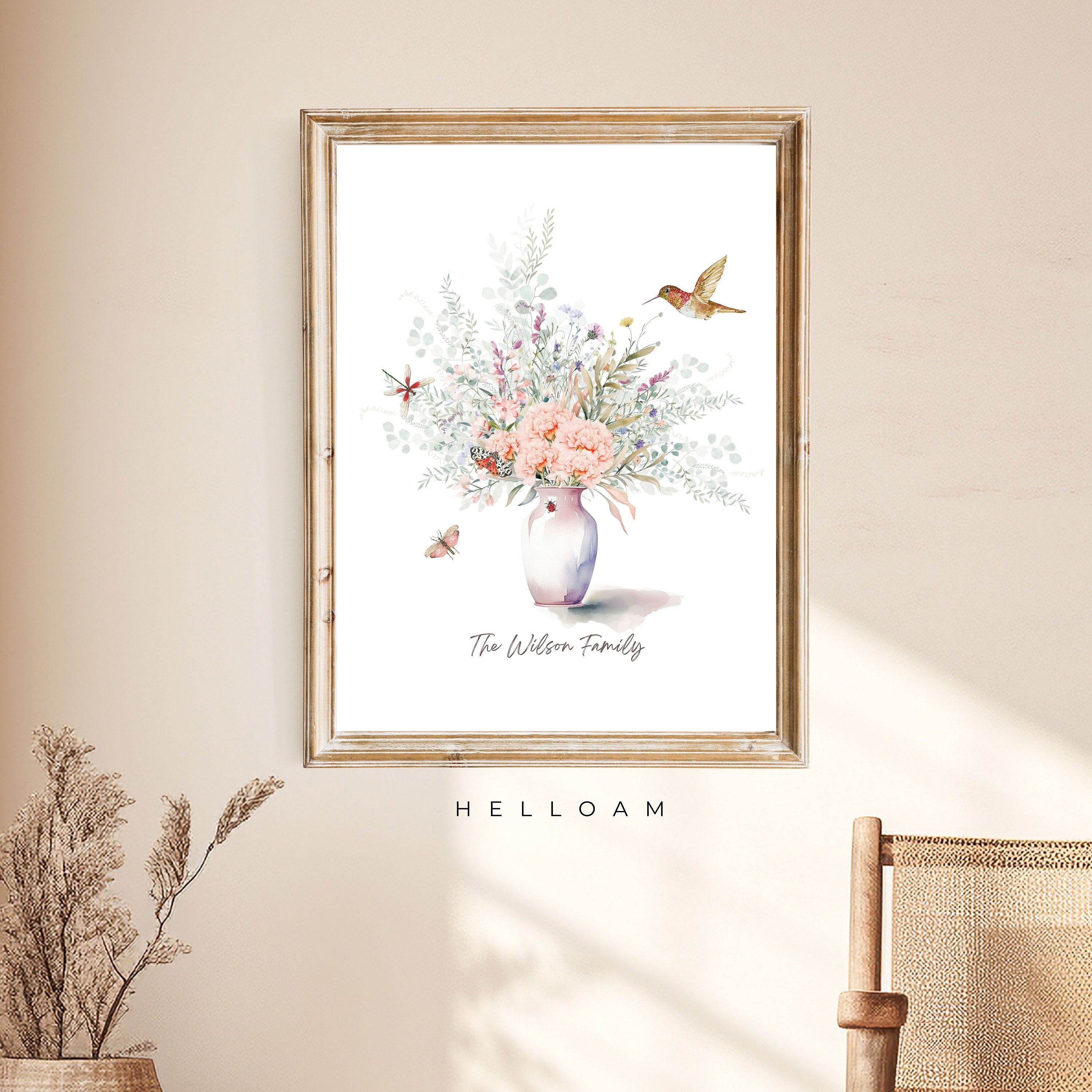 Birth Flower Family Bouquet, Personalised Watercolour Birth Flower Print, Wall Art, Birthday Gift, Minimalist Home Decor, Personalised gift