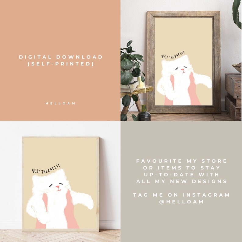 May include: A printable digital download of a cat illustration with the text "Best Therapist" above it. The cat is white with pink ears and a pink nose. The background is a light yellow color.