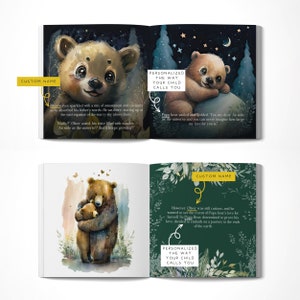May include: A children's book with a green cover and illustrations of bears. The text on the cover reads "Personalized the way your child calls you".