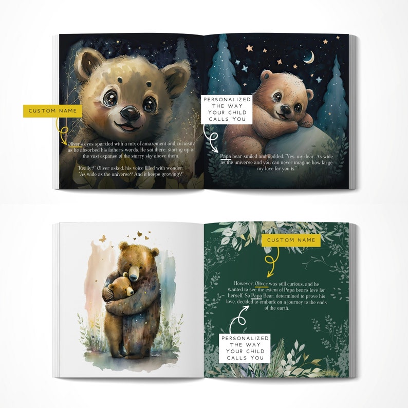 May include: A children's book with a green cover and illustrations of bears. The text on the cover reads "Personalized the way your child calls you".