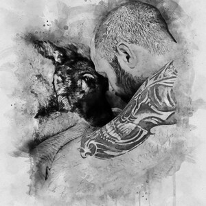 May include: A black and white watercolor painting of a man with a tattoo on his arm cuddling a German Shepherd dog.