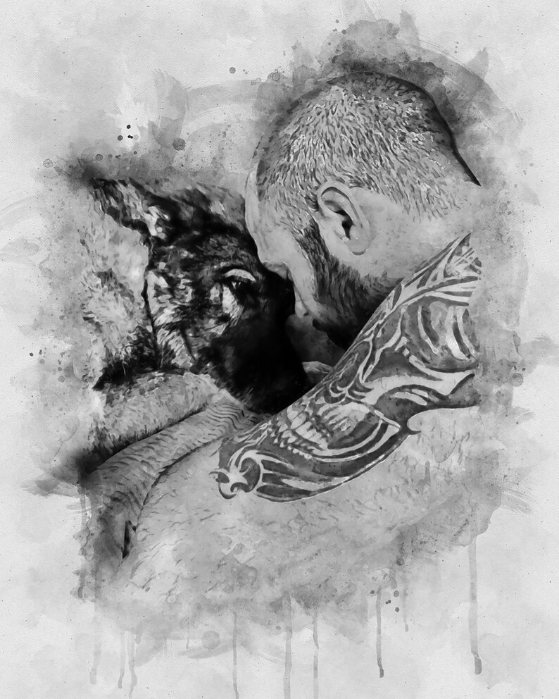 May include: A black and white watercolor painting of a man with a tattoo on his arm cuddling a German Shepherd dog.